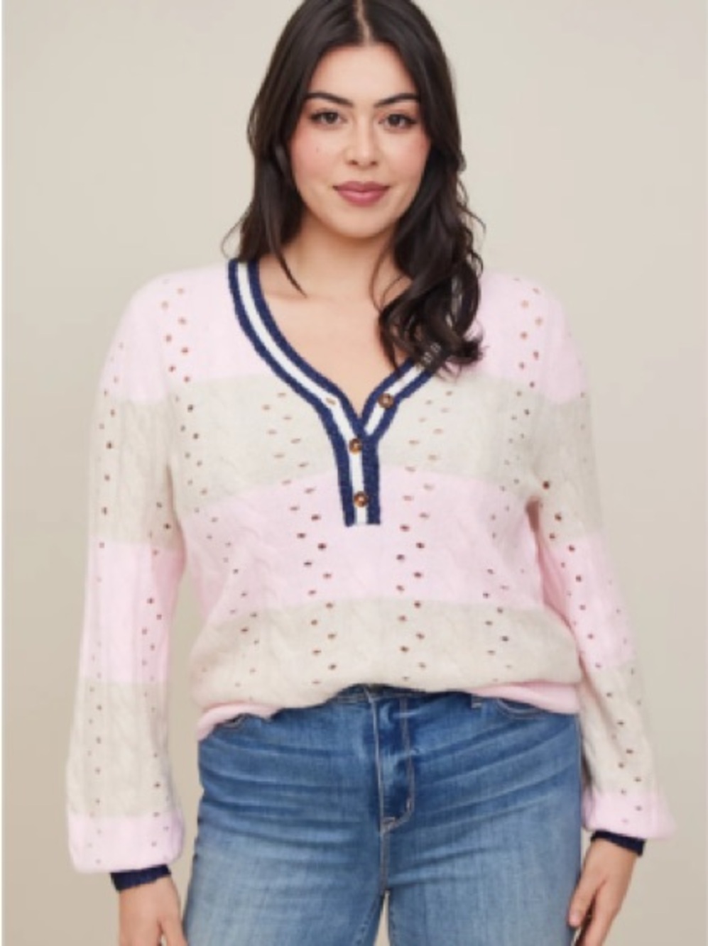 Torrid Vegan Cashmere Pink and Cream Stripe V-Neck Henley Sweater with Navy Trim